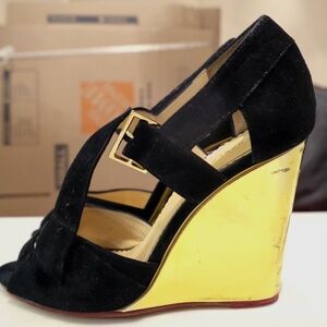 Charlotte Olympia Marcella Black Suede and Gold Wedges